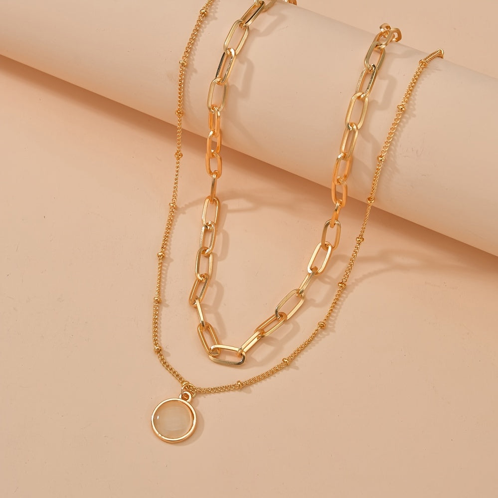 Alloy Cat's Eye Stone Round Stacking Necklace for Women