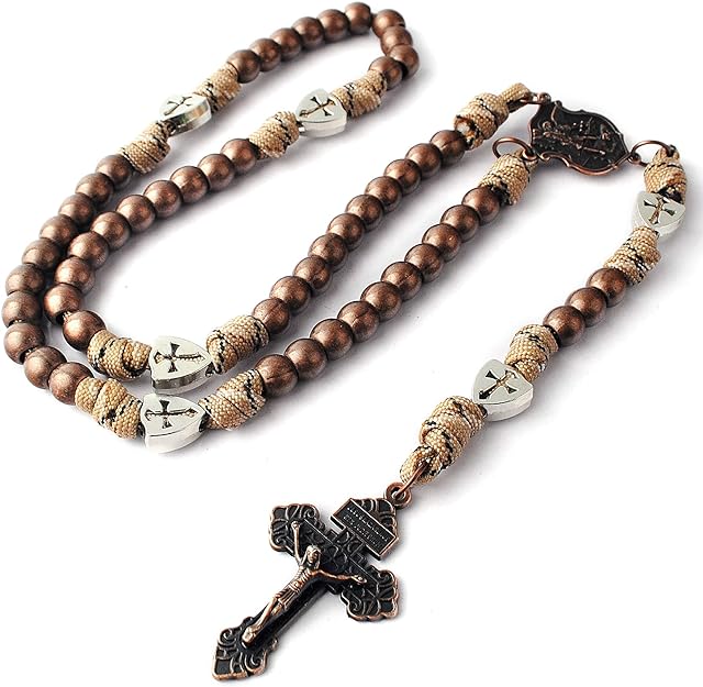 Antique Bronze Paracord Rosary Necklace with St. Michael