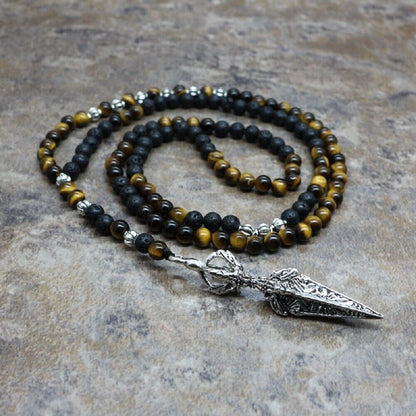 Handmade Men's Necklace with 6MM Tiger Eye and Lava Rock