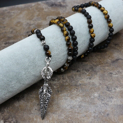 Handmade Men's Necklace with 6MM Tiger Eye and Lava Rock