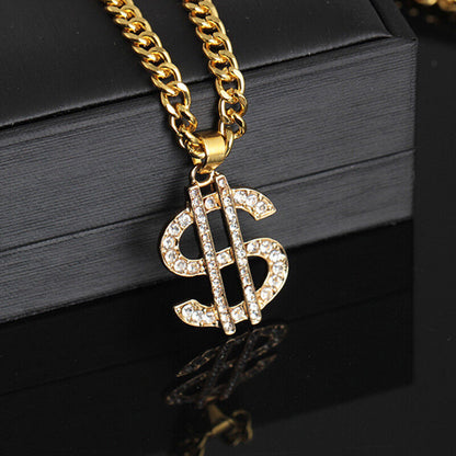 Gold Plated Crystal Dollar Symbol Pendant 20in Necklace