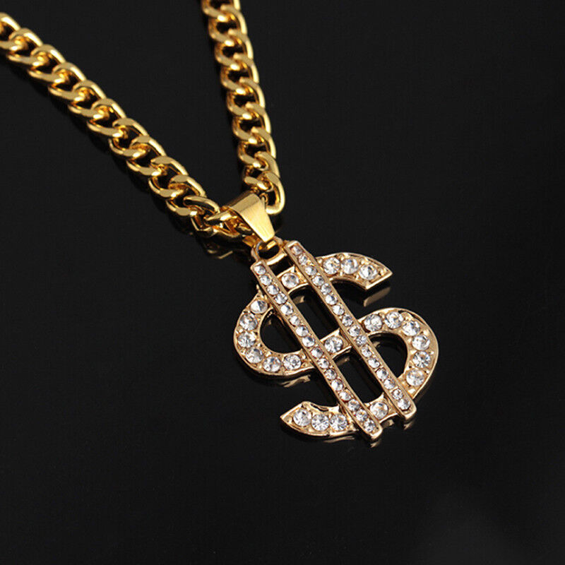 Gold Plated Crystal Dollar Symbol Pendant 20in Necklace