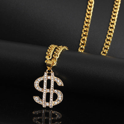 Gold Plated Crystal Dollar Symbol Pendant 20in Necklace