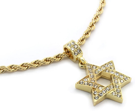 Gold Plated Star of David 24in Necklace Pendant with Cubic Zirconia